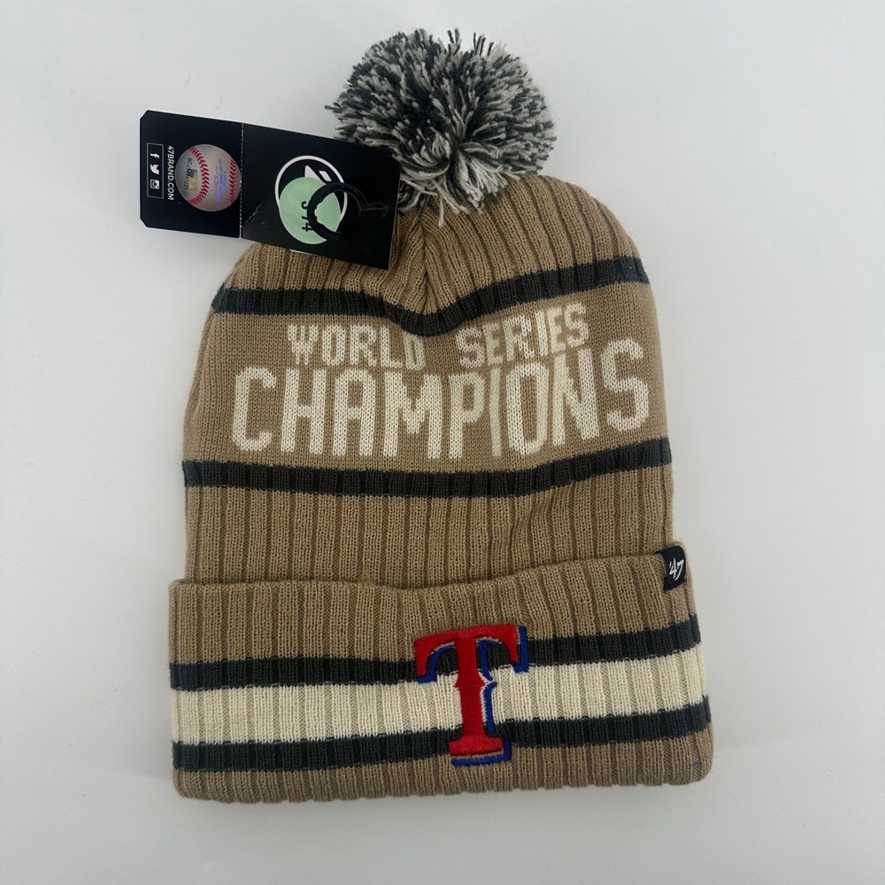 47 Brand Texas Rangers World Series 2023 Champions Knit Beanie Tan Pom MLB NEW‎